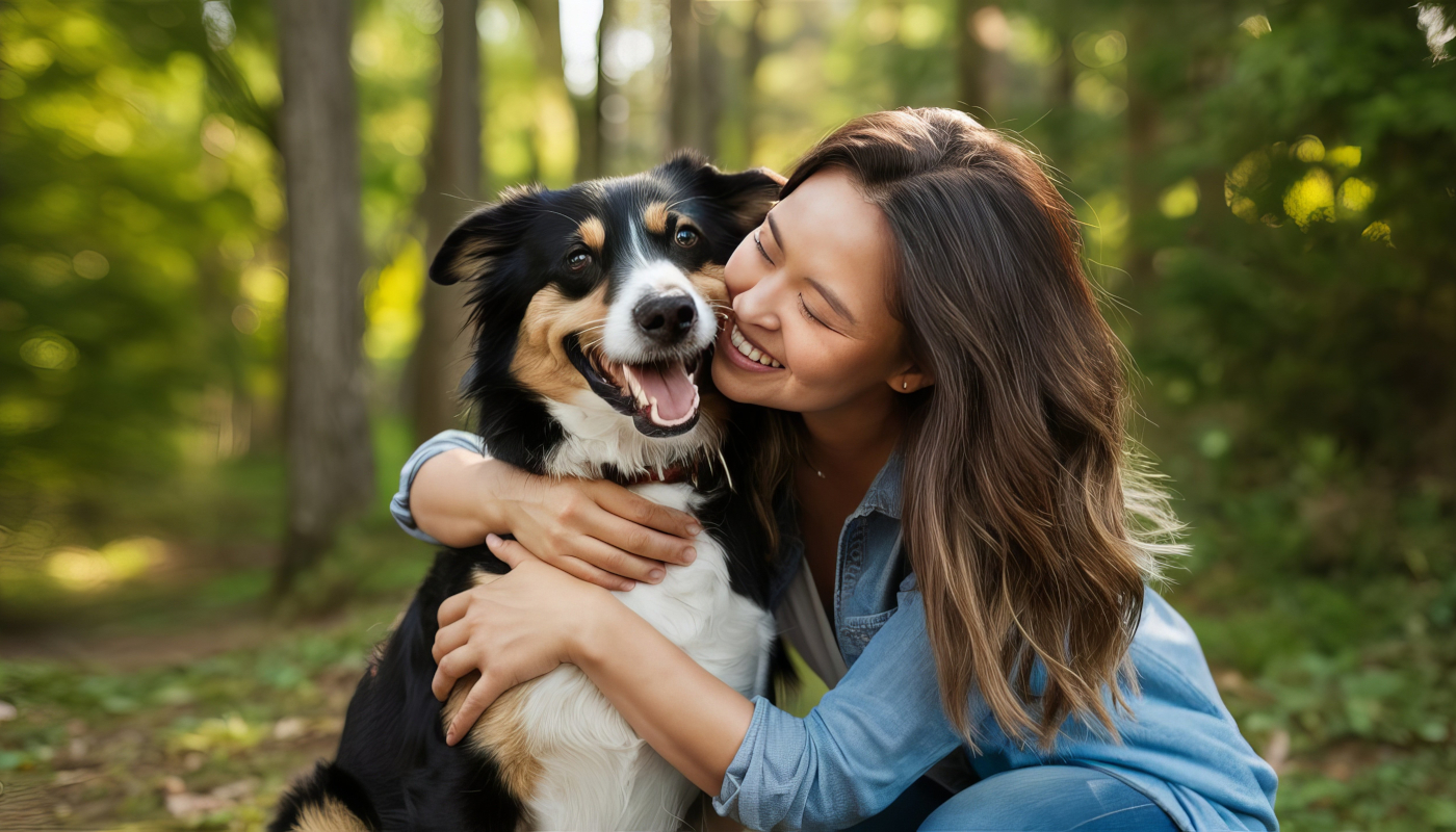 Na zdjęciu młoda kobieta w lesie przytula czarno-białego psa, który patrzy w stronę aparatu z otwartym pyskiem i wygląda na zadowolonego. Tło jest zielone i rozmyte, co podkreśla spokojny, ciepły charakter sceny.