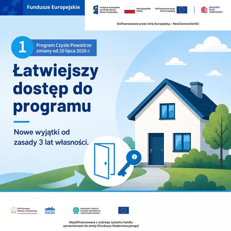Na grafice przedstawiono informację o programie Czyste Powietrze i łatwiejszym dostępie do programu od 20 lipca 2026 roku. Widoczny jest dom jednorodzinny na tle nieba, a obok niego ikona drzwi i klucza oraz hasło o nowych wyjątkach od zasady 3 lat własności.