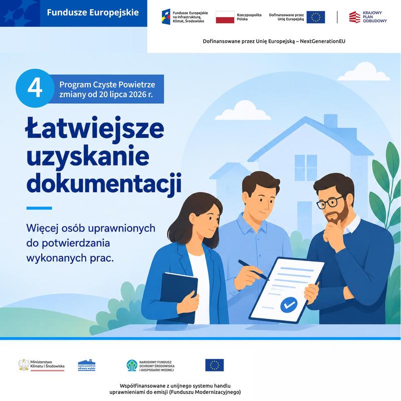 Na grafice przedstawiono informację o programie Czyste Powietrze i łatwiejszym uzyskaniu dokumentacji od 20 lipca 2026 roku. Widać trzy osoby omawiające dokument przy tle domu, co symbolizuje większą liczbę osób uprawnionych do potwierdzania wykonanych prac.